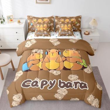 Imagem de Jogo de cama casal e edredom Kawaii Capivara, 7 peças, estampa de animais selvagens, tema safári selvagem, decoração de animais selvagens, marrom