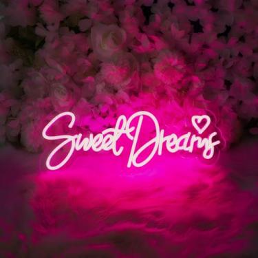 Imagem de Sweet Dreams Sinal de néon com letra rosa luzes de néon de LED para decoração de parede de quarto, palavras alimentadas por USB, para decoração de móveis, loja, decoração de quarto, decoração de