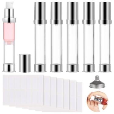 Imagem de 6 frascos de cosméticos de 28,3 g, bomba sem ar, transparente, recarregável, dispensador de loção portátil de 30 ml, e adesivos de etiqueta com funil, base de recipiente de maquiagem para cremes