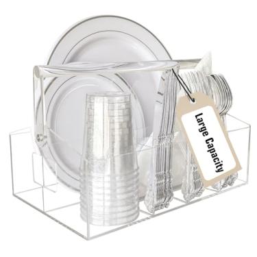 Imagem de awesohome Organizador de pratos e utensílios para festas, 6 compartimentos para festas, suporte de talheres de acrílico com alça para prato descartável, essencial para hospedagem grande, acampamento