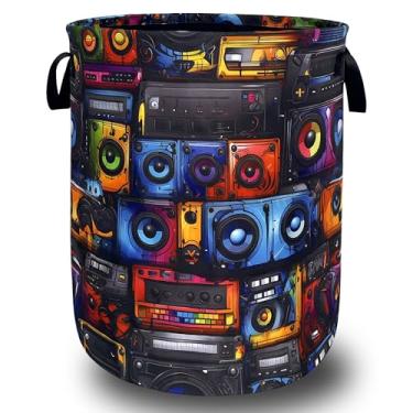 Imagem de Cesto de roupa retrô com fita de rádio, tecido Oxford, colorido, música, cesto de roupa com alça, dobrável, portátil, cesto de armazenamento de roupas, saco de roupa divertido, 48 cm x 42 cm para