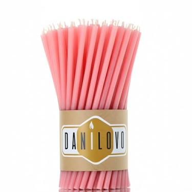 Imagem de Danilovo Velas finas de cera de abelha – velas decorativas com aroma de mel, ideais para decoração de aniversário ou orações da igreja – rosa, alto e sem fumaça, pacote com 50 peças, 16,3 x 0,6 cm