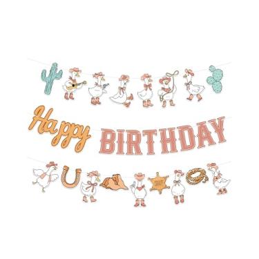 Imagem de KARAQY Faixa de aniversário de ganso caubói, decorações de feliz aniversário com tema ocidental, suprimentos de festa de fazenda de ganso silly para crianças, chá de bebê de rodeio, decoração de