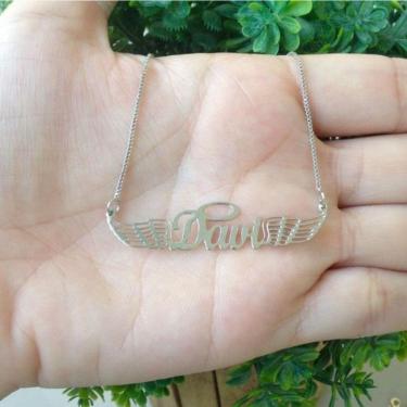 Imagem de Gargantilha Nome Personalizado Asa De Anjo E Aureola Banhado A Ouro