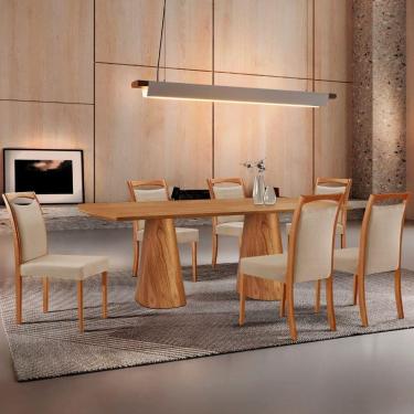 Imagem de Mesa Noronha 180cm Tampo Laminado Barril Com 6 Cadeiras Livi Linho Premium Imbuia Natural