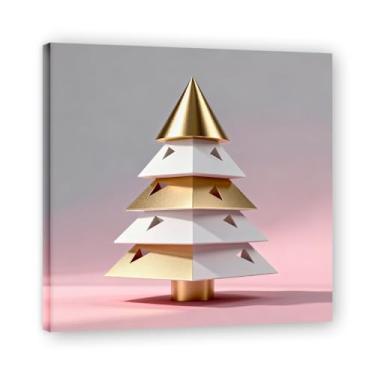 Imagem de Moldura interna. Arte moderna de presente de Natal, arte geométrica de árvore rosa empoeirada e dourada, tela emoldurada pronta para pendurar para uma casa de férias elegante. A23. 80 x 80 cm - 31,5 x