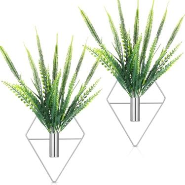Imagem de Canlierr 2 peças de decoração de parede com plantas artificiais, vaso suspenso de metal, suporte de plantas internas, arte de parede boho moderna para banheiro, quarto, sala de estar (prata, samambaia