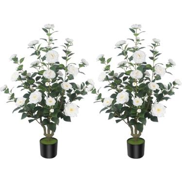 Imagem de HanJoy Camélias artificiais com 36 flores em vasos de cimento – árvores falsas realistas para varanda, casa, decoração de primavera interna ao ar livre, escritório ou presentes de inauguração de casa