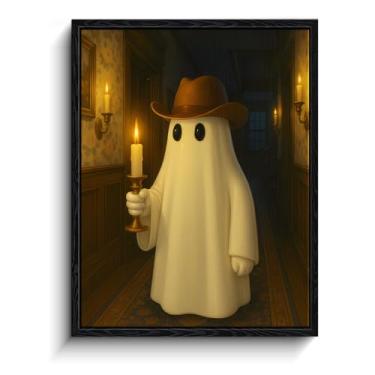 Imagem de Fantasma branco em chapéu de cowboy, corredor à luz de velas, decoração de parede de imagens de fantasmas estilo Rembrandt, arte de parede fantasma emoldurada fosca, imagens engraçadas de fantasmas