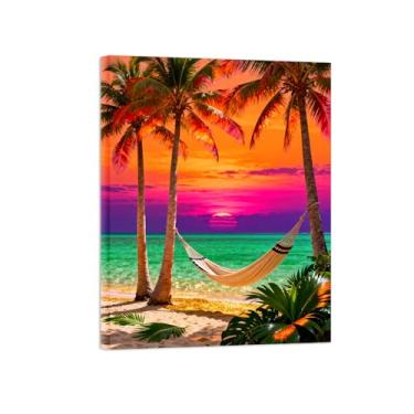 Imagem de Quadro moderno em tela sol praia palmeira mar Imagem colorida para decoração sala de estar estampa paisagem pronta para pendurar 30x40cm12x16in