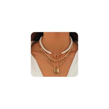 Imagem de Colar gargantilha feminina grossa de pérolas douradas em camadas, vintage, clipe de papel, com pingente de cadeado, acessórios de joias modernos, presentes, Large, Liga de aço, Sem Pedra Preciosa