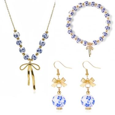 Imagem de PLKDJDM Conjunto de 3 joias com contas de laço, colar elástico, pulseira e brincos com design de flor, coquete, moda vintage para mulheres, serve como presente de aniversário dos namorados ou Natal