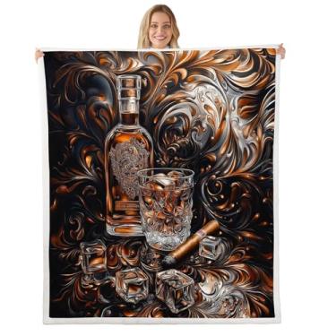 Imagem de Cobertores de cama de uísque, cobertor de flanela com barra de vidro de gelo para decoração de quarto, retrô marrom redemoinhos boho mandala cobertor de lã exótica para crianças, supermacio, 127 x 152