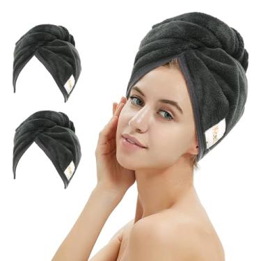 Imagem de M-bestl Pacote com 2 toalhas de cabelo de microfibra, toalha de secagem de cabelo com botão, toalha de cabeça absorvente e anti-frizz para secar rapidamente cabelos cacheados ou lisos (preto)