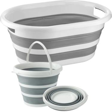 Imagem de 2 Cesto De 26 Litros Retrátil de Silicone E 2 Baldes De 10 Litros Retrátil Dobrável Silicone balde dobrável para água Para Organização, Pesca, Praia e Camping