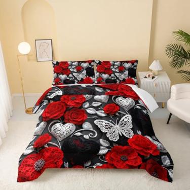 Imagem de QOOMO Jogo de cama infantil com flores vermelhas, desenho animado, plantas, tamanho casal, para decoração de quarto de meninos, meninas e adolescentes, macio e leve para todas as estações, 1 edredom e