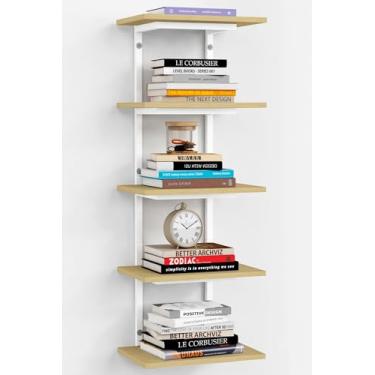 Imagem de Harwaya Prateleira de parede em camadas brancas e naturais, prateleiras flutuantes de exibição de 5 níveis, prateleira de parede suspensa profunda para sala de estar, plantas, TV, livros de quarto