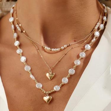 Imagem de Colar feminino com gota de pérola, dourado e delicado, longo em camadas, boho, Medium, Latão, Sem Pedra Preciosa