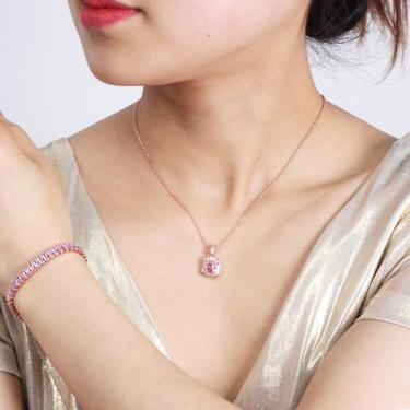 Imagem de Elegante conjunto de pulseira e colar de tênis para mulheres - Joias de corte retangular com pingente Halo CZ - Design brilhante em várias cores, ajustável para casamentos ou uso diário, Adjustable