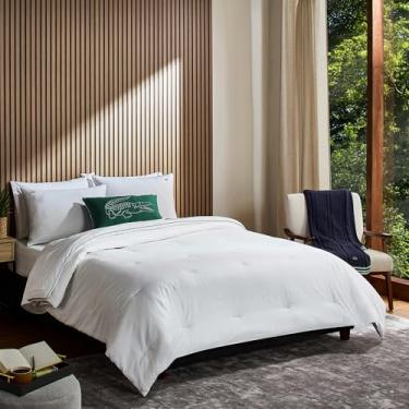 Imagem de Lacoste Conjunto de edredom tiebreak – 100% algodão percal, tecido otomano canelado, acabamento texturizado dublê, aquecimento alternativo para todas as estações, certificado Oeko-Tex, branco, king