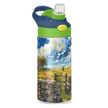 Imagem de Blueangle Garrafa de água doméstica camponesa isolada de aço inoxidável de 350 ml com tampa de canudo - Garrafa esportiva reutilizável à prova de vazamento para viagens, ao ar livre #168