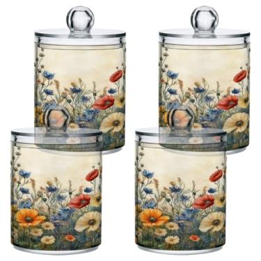 Imagem de ATTX Dispensador de suporte Qtip de flores silvestres em aquarela para bola de algodão, cotonete, frasco de boticário transparente, decoração de casa, pote de armazenamento de cozinha, pacote com 4