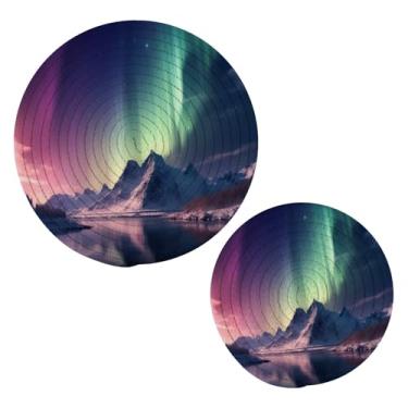 Imagem de Blueangle 2 peças de suporte de panela de inverno Aurora Boreal - conjunto de pegadores de panela de tecido redondo - almofadas quentes trançadas de algodão - porta-copos - tapetes de mesa para