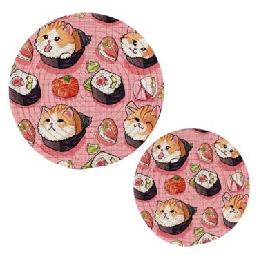 Imagem de Blueangle 2 peças de suporte de panela com padrão kawaii de sushi - conjunto de pegadores de panela de tecido redondo - almofadas quentes trançadas de algodão - porta-copos - tapetes de mesa para