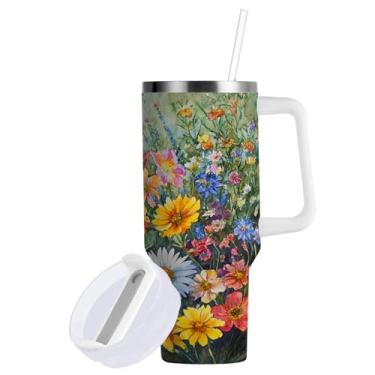 Imagem de Blueangle Copo de pintura em aquarela Cosmos de 850 g com alça e tampa de palha, copo isolado reutilizável de aço inoxidável garrafa de água caneca de viagem (303)