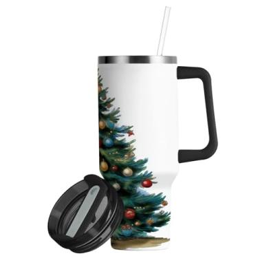 Imagem de ATTX Copo de árvore de Natal aquarela de 850 g com alça, copo de aço inoxidável a vácuo de parede dupla com palha, caneca de café de viagem isolada #702