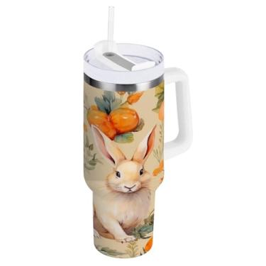 Imagem de ATTX Copo fofo de coelhos da Páscoa de 1,134 g com alça, copo de aço inoxidável a vácuo de parede dupla com palha, caneca de café isolada para viagem #419