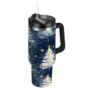 Imagem de Blueangle Copo de árvore de Natal de 850 g com alça e tampa de palha, caneca de viagem de aço inoxidável isolada a vácuo de parede dupla, garrafa de água reutilizável para academia de escritório ao ar