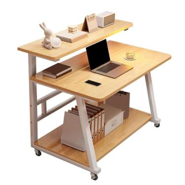 Imagem de HGTRH Mesa de suporte para sentar, mesa de computador com rodas de freio, rack de armazenamento de 3 camadas, mesa de mesa dupla, design de arco, pequena mesa rolante, estação de trabalho para