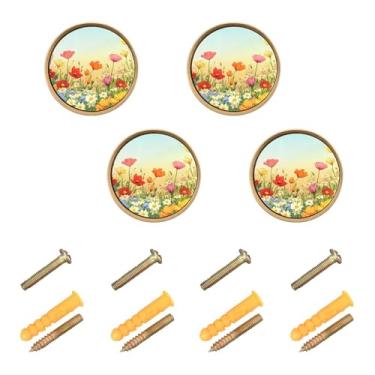 Imagem de Wassud Pacote com 4 puxadores de armário redondos coloridos florais selvagens ferragens puxadores e puxadores de 3,5 cm de gaveta de cômoda dourada de cozinha