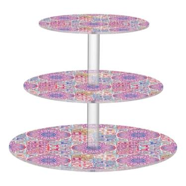 Imagem de CEBUGI Suporte de cupcake de 3 camadas, padrão colorido, redondo, suporte de bolo, bandeja de servir em camadas de acrílico para festas de chá, chá de bebê, casamento e mais