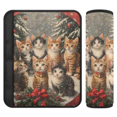 Imagem de Burbuja Capa para cinto de segurança de carro Christmas Cats Protetor de cinto de segurança de carro macio confortável para alça de ombro de assento de carro, 1 par pequeno