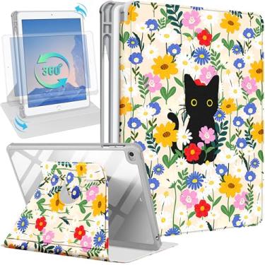 Imagem de Uppuppy Capa para iPad 5ª/6ª geração para iPad Air 1ª/Air 2ª/Pro 9,7 polegadas 2016 - capa inteligente com suporte giratório 360 com suporte para lápis para mulheres, meninas, gatos e flores para