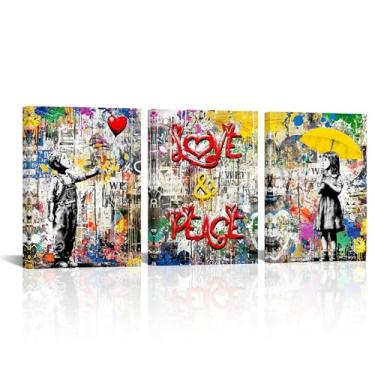 Imagem de Zlove Arte de parede em tela Banksy - Decoração de parede de arte de grafite amarelo e vermelho - Imagens de coração de amor para decoração de quarto, escritório, sala de estar, 30,5 x 40,5 x 3 peças