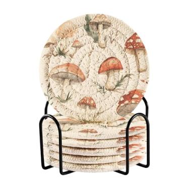 Imagem de SEHANY Conjunto de 6 porta-copos de cogumelos florestais com suporte, porta-copos redondos absorventes de algodão resistente ao calor para mesa de jantar, canecas de café, 10 cm