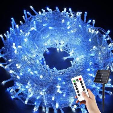 Imagem de YUANHUYUOU Luzes de Natal LED, 52 m 400 luzes LED alimentadas por energia solar, 8 modos de luzes de corda de Natal à prova d'água para jardim, pátio, quintal, festa com controle remoto (azul)