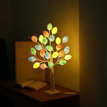 Imagem de OLANRUN Decorações de Páscoa para casa – Árvore de ovo de bétula de 6,5 m com 24 ornamentos de ovos coloridos, luz LED quente – Decoração de mesa de Páscoa, decoração de árvore para quarto de