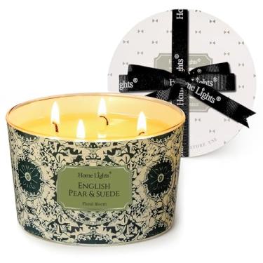 Imagem de HomeLights Velas de cera de soja perfumadas em casa, 4 pavios, perfumadas em pêra e camurça, velas de aromaterapia, presente para festas, relaxantes, texturas naturais boêmias, 510 g