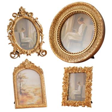 Imagem de 4 porta-retratos vintage dourados para pendurar na parede, moldura antiga ornamentada com suporte e gancho de pendurar, decoração de arte de parede estilo real para decoração de galeria de casamento