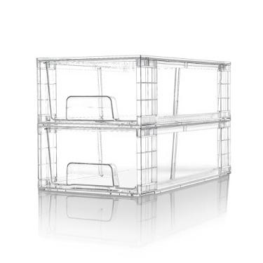 Imagem de XWYWX Gavetas pequenas empilháveis de acrílico transparente (pacote com 2) com alças, caixas organizadoras de plástico para geladeira, banheiro, armário de cozinha, despensa, café, embaixo da pia do