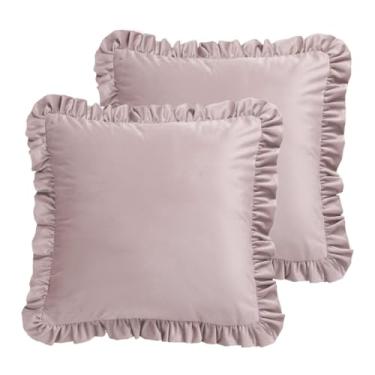 Imagem de bilin gaier Capas de almofada de designer para sofá 56 x 56 cm, capa de travesseiro lombar durável de veludo macio rosa claro com babados, fronhas decorativas de fazenda para cama, sala de estar