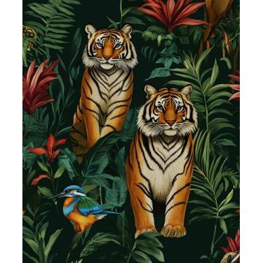 Imagem de Papel de parede tigre descascar e colar, papel de contato com animais da selva verde vintage, papel de parede tropical escuro autoadesivo removível à prova d'água para quarto, prateleira, armário