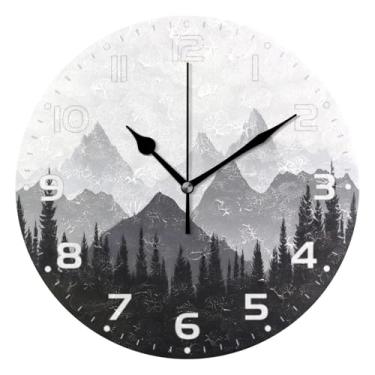 Imagem de JUZIHAI Relógio de parede preto natureza, montanhas e floresta, silencioso, redondo, sem tique-taque, operado por bateria, fácil de ler, relógio decorativo de parede para casa, cozinha, sala de estar