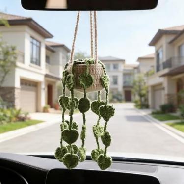 Imagem de Linda planta de crochê para espelho retrovisor, acessório de suspensão de espelho de carro feito à mão boho para mulheres e meninas, decoração estética interior verde pingente de gancho de caminhão