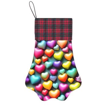 Imagem de SKKNT Meias de Natal coloridas com estampa de corações de arco-íris, animais de estimação, decoração de Natal, cães, gatos, árvores, doces, presente, conveniente