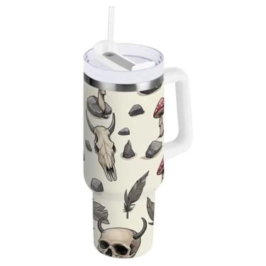 Imagem de Copos com isolamento duplo Feather Skulls com alça e canudo para água, copos de 850 g / 0,89 L